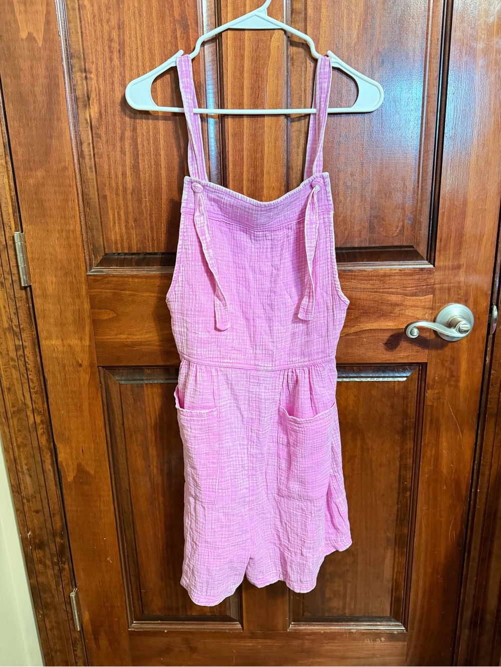 Zenana Pink Cotton Gauze Romper | Size Large | Pockets | Adjustable Tie Straps